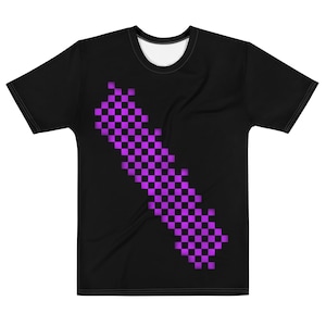 May include: Black t-shirt featuring a diagonal pixelated design in shades of purple. The graphic has a checkerboard pattern, creating a digital or retro aesthetic. The shirt has a crew neck and short sleeves, suitable for casual wear.