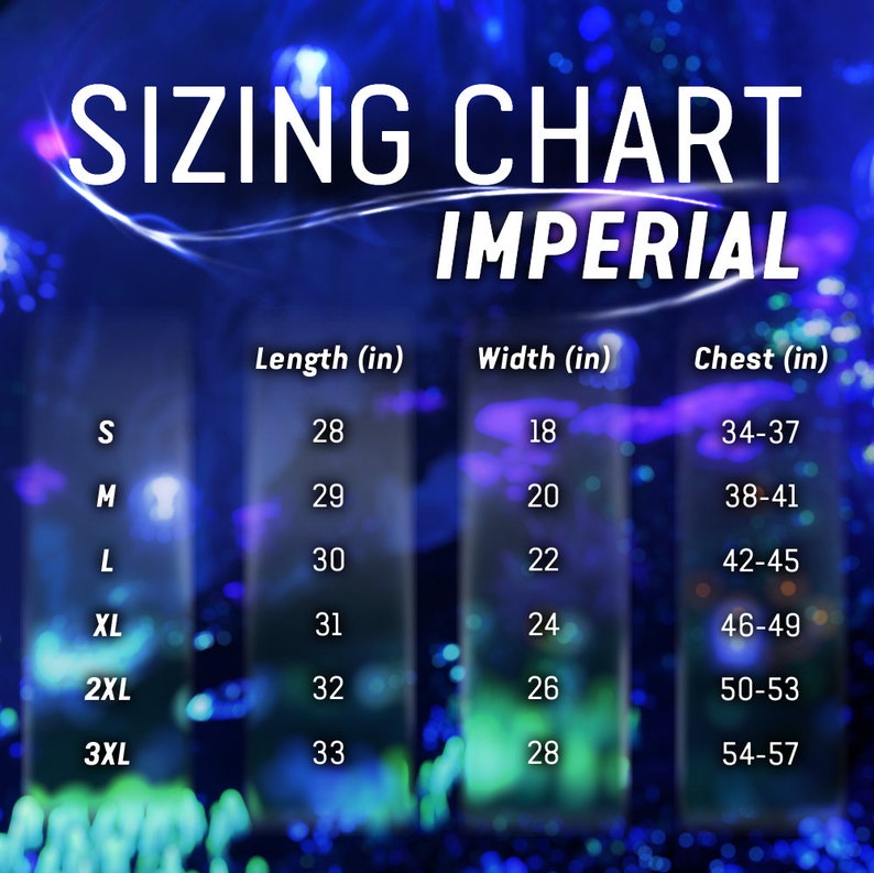 May include: Sizing chart for clothing in inches. The chart shows the length, width, and chest measurements for sizes S, M, L, XL, 2XL, and 3XL.