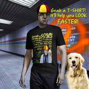 May include: A man wearing a black t-shirt with a graphic of a cartoon dog and the text "Grab a SODA! It'll help you see faster!" The man is wearing a yellow and red hat with a propeller on top. The text "Grab a T-shirt! It'll help you look faster!" is written in yellow letters on a red background.