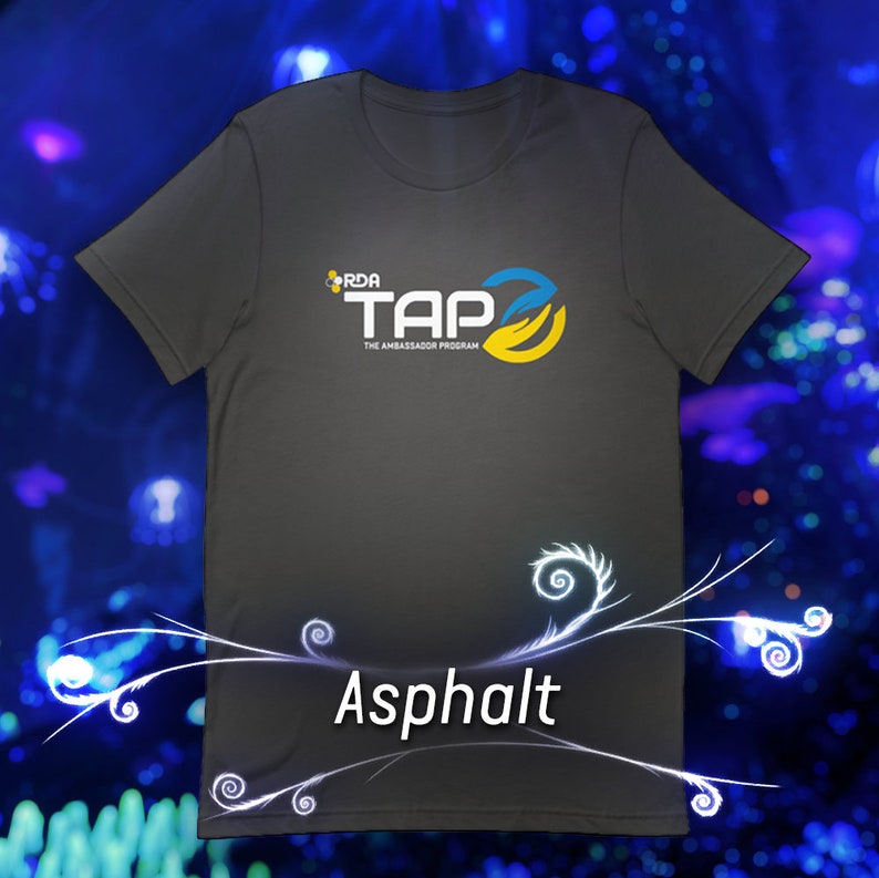 May include: A dark gray t-shirt with a blue and yellow logo that says "RDA TAP The Ambassador Program" on the front. The shirt is against a blue and purple background with white swirls.