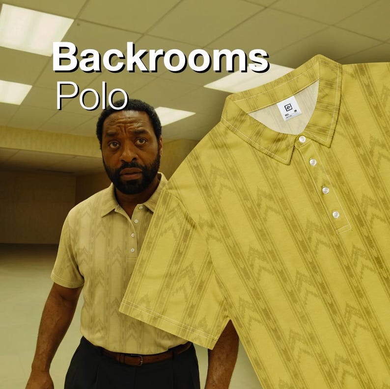 May include: A short-sleeved yellow polo shirt featuring a repeating vertical chevron pattern in a darker shade of yellow. The shirt has a classic collar, a button-up placket with white buttons, and a small white label inside the neck area.