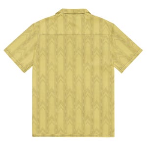 Back flat lay of the Backrooms wallpaper camp collar shirt showing the all-over yellow chevron print