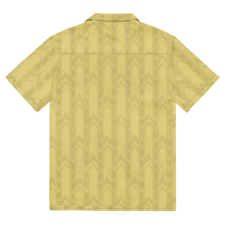 Back flat lay of the Backrooms wallpaper camp collar shirt showing the all-over yellow chevron print