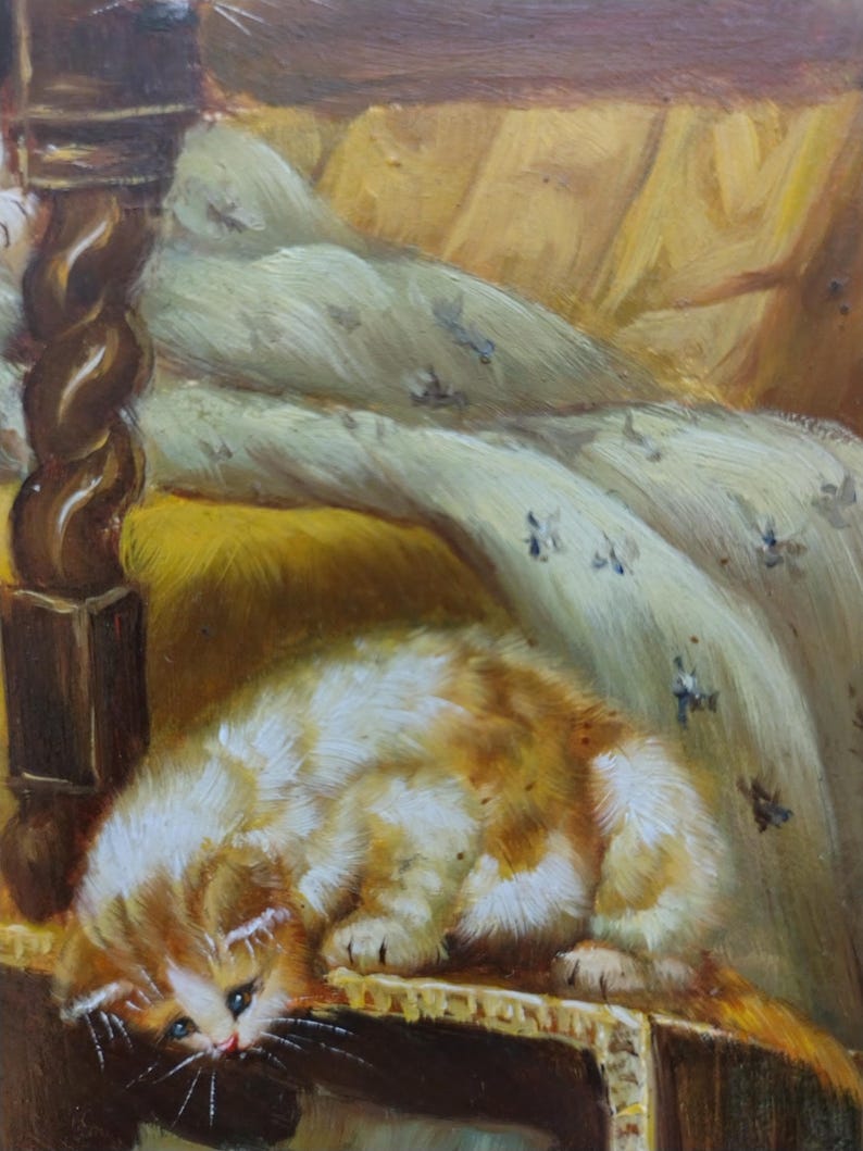 May include: A white and orange kitten with blue eyes is lying on a wooden surface. The kitten is looking down and has its paws tucked under its body. The background is a blurry image of a bed with a white blanket.