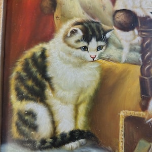 Peinture à l'Huile Petite Famille de Chats avec Mère et Ses Chatons