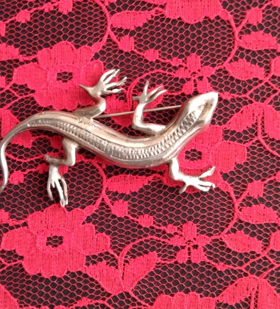 Broche argent salamandre vintage original bijou argent 925 gothique Halloween