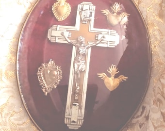 Art Deco Crucifix Collage – Vintage Religiös Ex-Voto -Art Religieux
