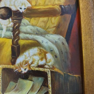 May include: A painting of two kittens in a cozy setting. One kitten is white and is perched on a wooden chair with a yellow cushion. The other kitten is orange and white and is looking into a box filled with papers. The painting has a warm, inviting feel.