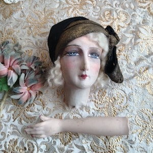 Antique French Boudoir Doll Head, Art Deco Flapper Display