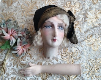 Antique French Boudoir Doll Head, Art Deco Flapper Display