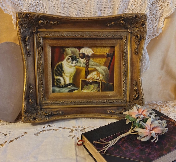 Peinture à l'Huile Petite Famille de Chats avec Mère et Ses Chatons