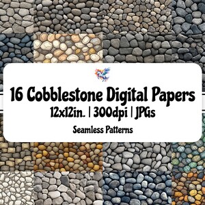Może przedstawiać: 16 cyfrowych papierów z bezszwowymi wzorami różnych tekstur bruku. Każdy papier ma rozmiar 12x12 cali i 300 dpi. Wzory obejmują różne kolory i kształty kamieni, tworząc realistyczny i szczegółowy wygląd.