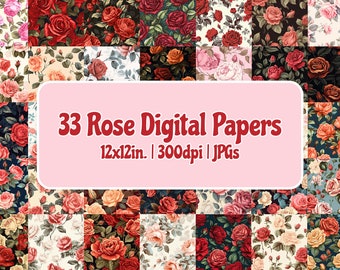 Rose Digital Paper Pack | Floral Digital Paper | Roses Digital Paper | Seamless | Scrapbooking, Weddings, Printable | Commercial Use