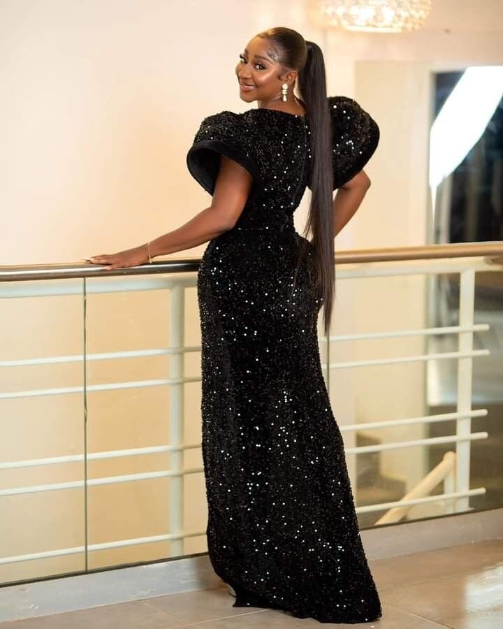 sequined dress black woman Black Sequin Maxi Dress, African Fashion Prom Gown