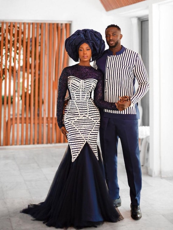 Blue & White Mermaid Dress, Ankara Flared Party Dress, Gift for Her