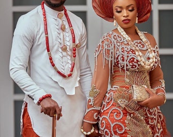 Abiti da sposa tradizionali arancione bruciato, abito da sposa George, abbigliamento africano, moda africana, coppie, Owanbe, abito di fidanzamento, servizio fotografico