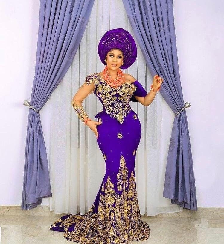 Purple African Wedding Dress, Embroidered Bridal Gown, Owanbe Style - Etsy