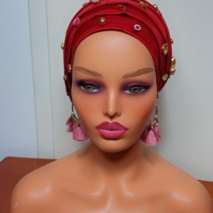 Red Embellished Turban, Pre tied Turban for women, Autogele, African Women Gele, Traditional Wedding Gele,Pre-tied Headgear, Headwrap,Turban