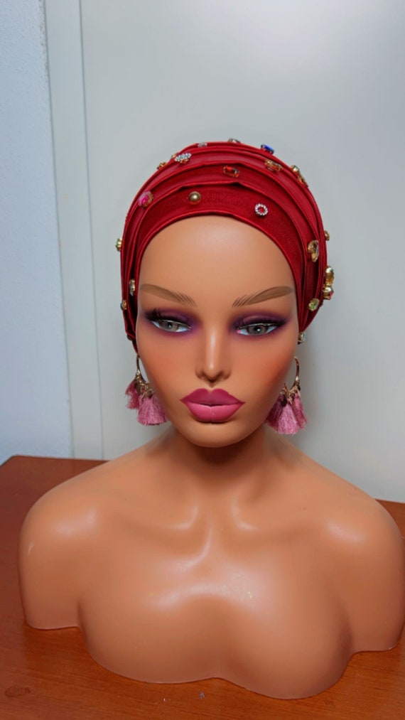 Red Embellished Turban, Pre-tied African Gele Headwrap  display picture 3