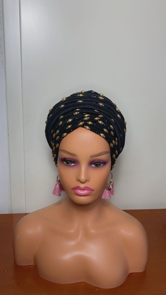 Beaded Black and Gold Turban Headwrap Fashion BEADED TRIMMINGS TURBAN main image 3