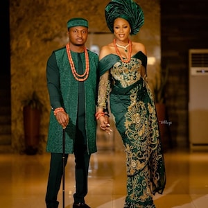 Green George Couple Outfit, Couple wedding outfits,  African clothing, African fashion, Couples wear, Owanbe, Engagement dress, Photoshoot