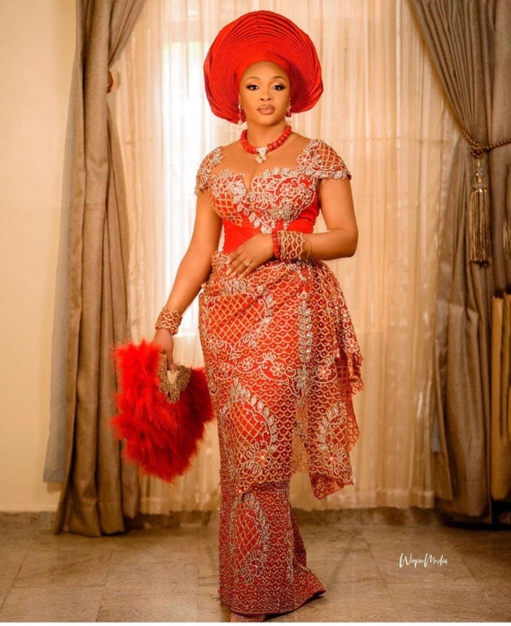 red nigerian dress Style Formal Party Wear For Ladies African Mermaid Dress: Red Feathered  Evening Gown Nigerian Style