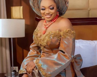 Oranje tweekleurige Asooke, bruiloftsgast, bruids Asooke, Afrikaanse kleding, Afrikaanse mode, paar outfit, Owanbe, verloving, fotoshoot,