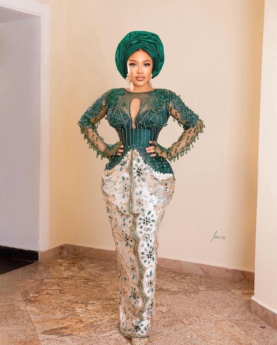 Emerald Beaded African Maxi Dress, Wedding Guest, Owanbe
