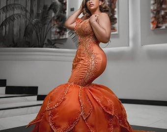 strapless open back dress V-neck Burnt Orange Satin Mermaid Long Evening Prom Dresses, MR9119 –  MarryLover main image 1