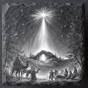 May include: A square slate coaster featuring a black and white engraved illustration of a nativity scene. The design depicts a bright star shining over a stable, with figures and camels gathered in a landscape surrounded by pine trees.
