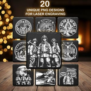 May include: A collection of black square coasters with white engraved designs. The coasters feature images of firefighters, fire trucks, and patriotic symbols. Text on the coasters includes "20 UNIQUE PNG DESIGNS FOR LASER ENGRAVING", "FIRST IN, LAST OUT", and "NEVER FORGOTTEN".