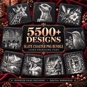 May include: A digital bundle of 5500+ slate coaster PNG laser engraving files featuring black and white illustrations of giraffes, meerkats, hummingbirds, cityscapes, mountains, swans, Santa Claus, and snowmen with text 5500+ DESIGNS SLATE COASTER PNG BUNDLE.