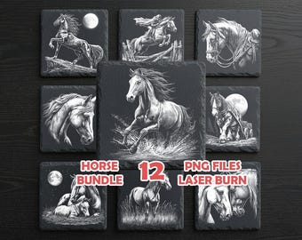 Horse Laser Engraving PNG Bundle – CNC Digital Files for Glowforge, LightBurn, xTool | Slate Coasters, Equestrian Designs, Commercial Use