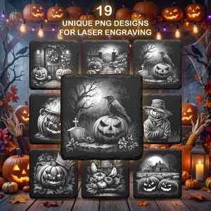 May include: A collection of nine black and white Halloween-themed designs, each featuring a unique image of pumpkins, crows, and spooky scenes. The text at the top reads "19 UNIQUE PNG DESIGNS FOR LASER ENGRAVING."