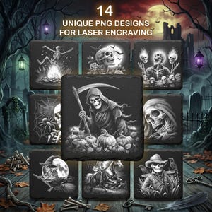 May include: A collection of 14 unique PNG designs for laser engraving, featuring grayscale illustrations of skeletons, skulls, and Halloween-themed imagery. The designs are displayed on square, dark-colored coasters, with a spooky graveyard background.