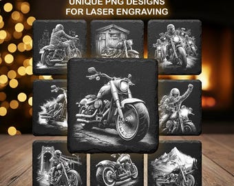 Motorcycle Engraving Bundle – Vintage Bike and Biker Emblem PNGs for Laser Engraving, Slate Coasters