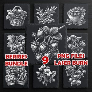 May include: A collection of nine black square coasters with detailed grayscale illustrations of various berries. The coasters feature images of strawberries, blueberries, and other fruits. Text on the coasters reads "Berries Bundle", "9", "PNG Files", and "Laser Burn".