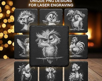 29 Quirky Birds Engraving Bundle – Funny Bird PNGs for Laser and CNC Slate Coasters