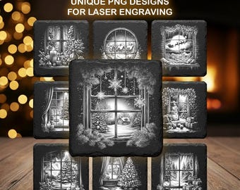 May include: A collection of 14 unique PNG designs for laser engraving. The designs feature winter scenes through windows, including Christmas trees, snow-covered landscapes, and festive decorations. The designs are in black and white.