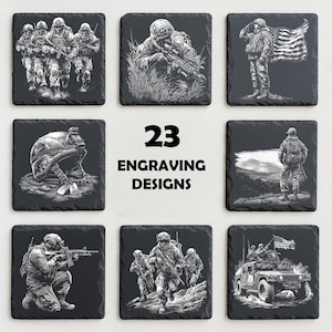 May include: A set of nine black slate coasters with engraved military designs. The designs include soldiers, a helmet, and a Humvee. The text "23 ENGRAVING DESIGNS" is in the center. The coasters are square and have a natural edge.