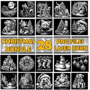 May include: A black and white Christmas bundle featuring 28 PNG files for laser burn projects. The images include festive illustrations of animals, holiday scenes, and decorative elements. The text on the image says "Christmas Bundle 28 PNG Files Laser Burn".