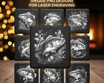 Bass Fish Engraving Bundle – Fishing Laser Ready PNG for Slate Coasters, Glowforge & CNC File