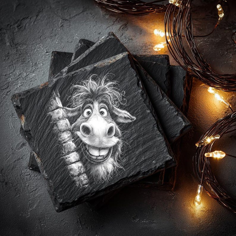 May include: A stack of square slate coasters with a whimsical, black and white illustration of a smiling donkey. The donkey's face is detailed with expressive eyes and a wide grin. The coasters are stacked on a dark surface, with warm fairy lights in the background.
