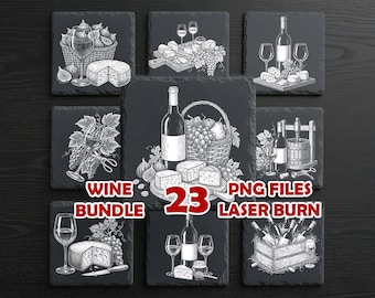 Wine Laser Engraving PNG Bundle – Vintage Bar Coaster Designs for Slate, Glowforge, xTool, LightBurn (Digital Download, Commercial Use)
