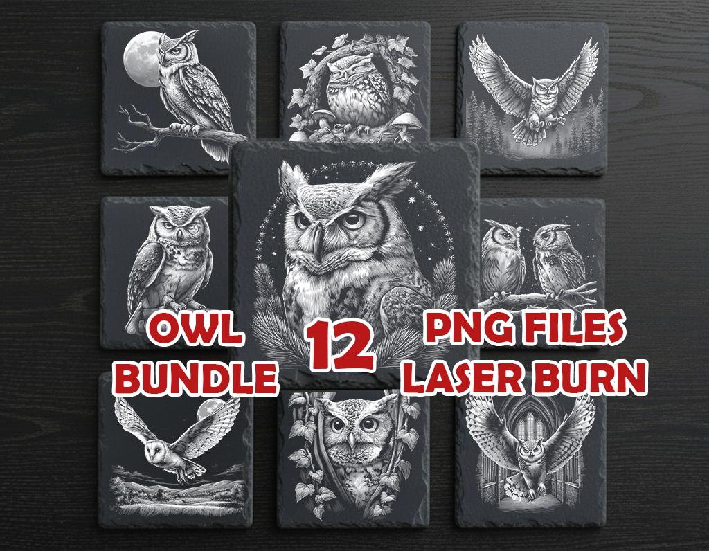 Owl Laser Engraving Bundle – 12 Wildlife PNG Files for Slate Coasters, Forest Bird Designs, Gl
