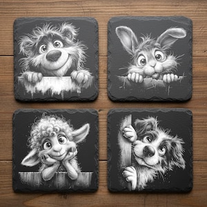 May include: Set of four square slate coasters featuring whimsical black and white illustrations of a bear, rabbit, lamb, and dog. Each animal is depicted peeking over a fence or wall, creating a playful design.
