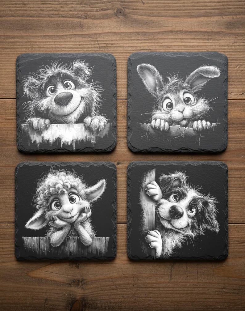 May include: Set of four square slate coasters featuring whimsical black and white illustrations of a bear, rabbit, lamb, and dog. Each animal is depicted peeking over a fence or wall, creating a playful design.