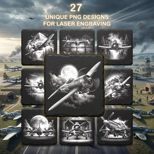 May include: A collection of 27 unique PNG designs for laser engraving featuring black and white illustrations of various vintage aircraft, including fighter planes and bombers in flight or on the ground, set against cloudy skies and moonlit backgrounds.