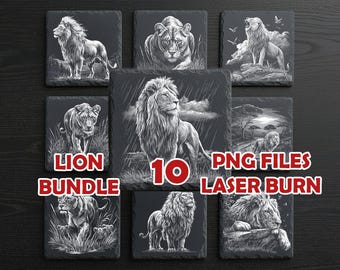 Op de afbeelding: Een verzameling van tien vierkante onderzetters met lasergeëtste leeuwenillustraties in zwart en wit. De onderzetters tonen verschillende leeuwenposes en -scènes, met de woorden "LION BUNDLE" en "PNG FILES LASER BURN" in rood en wit.