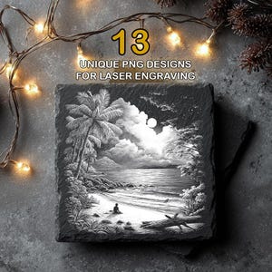 May include: Square black slate coaster with a detailed black and white beach scene. The coaster features a palm tree, ocean, and a person sitting on the beach. Text on the image reads "13 UNIQUE PNG DESIGNS FOR LASER ENGRAVING."